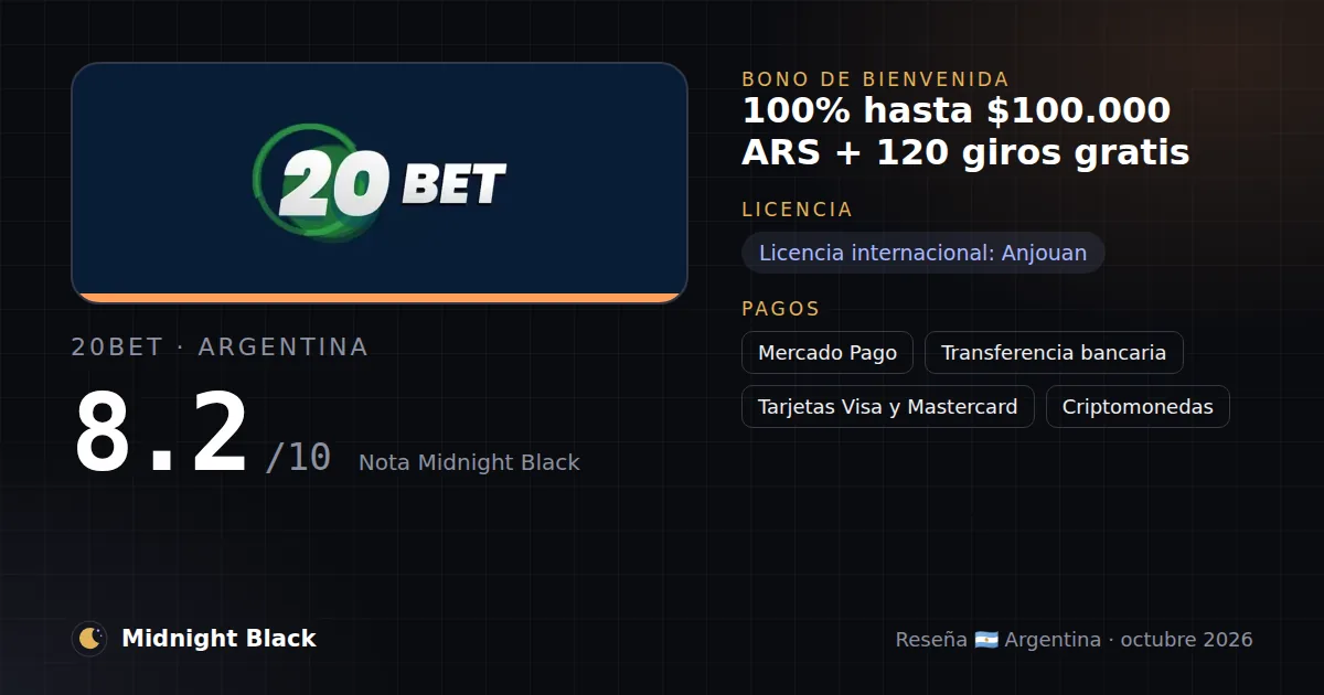 20Bet en Argentina: bono, licencia y métodos de pago (resumen Midnight Black, 15/10/2026)