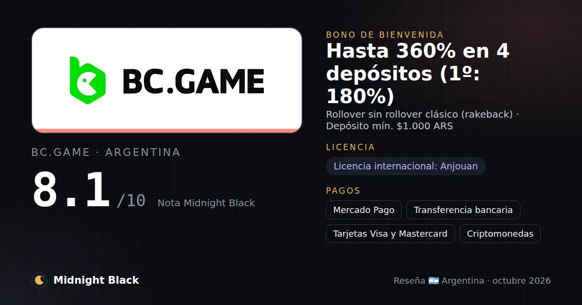 BC.Game en Argentina: bono, licencia y métodos de pago (resumen Midnight Black, 15/10/2026)