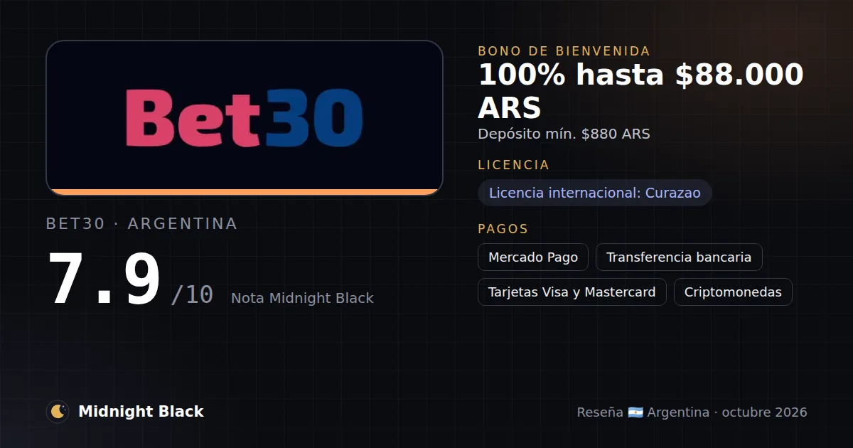 Bet30 en Argentina: bono, licencia y métodos de pago (resumen Midnight Black, 15/10/2026)