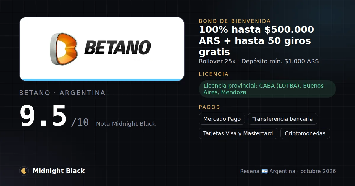 Betano en Argentina: bono, licencia y métodos de pago (resumen Midnight Black, 15/10/2026)