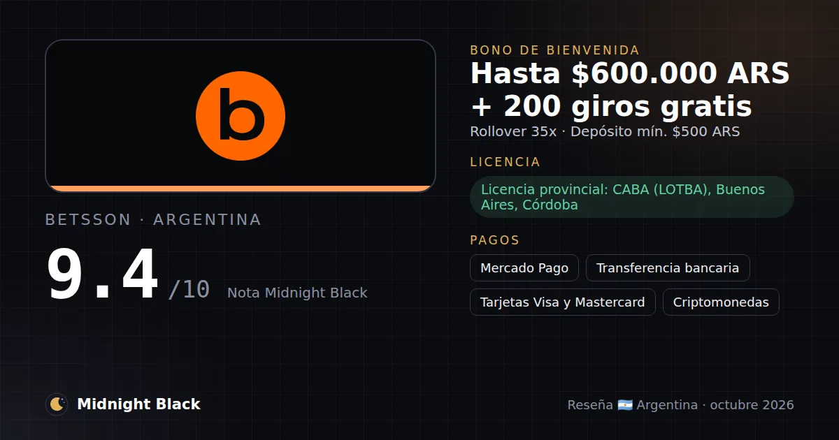Betsson en Argentina: bono, licencia y métodos de pago (resumen Midnight Black, 15/10/2026)