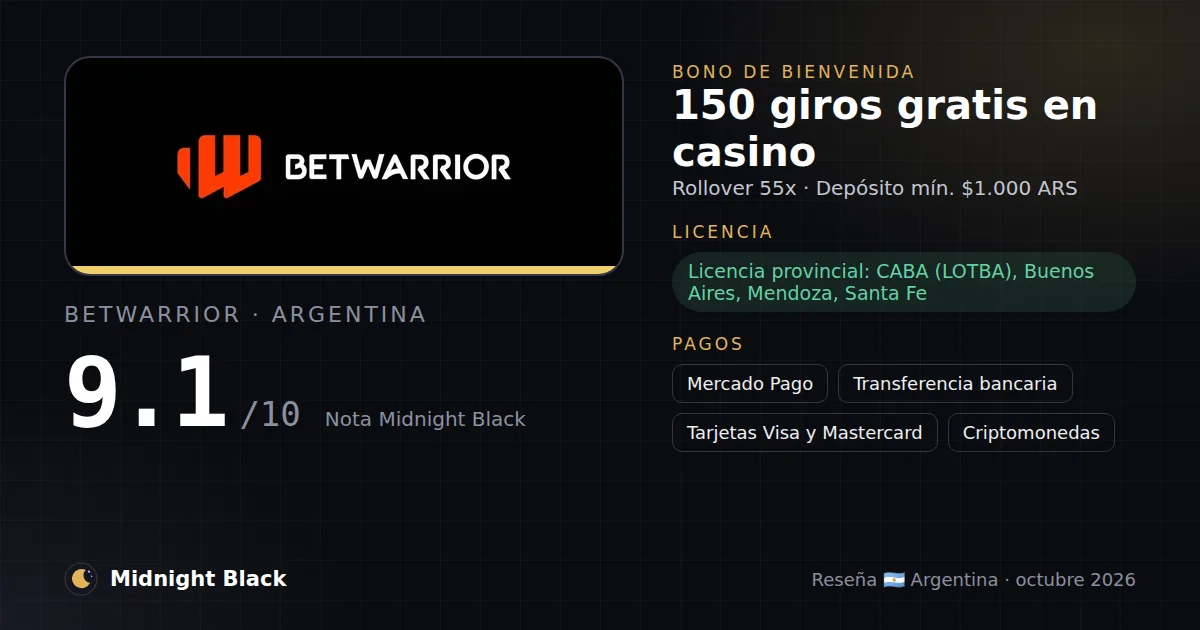 BetWarrior en Argentina: bono, licencia y métodos de pago (resumen Midnight Black, 15/10/2026)