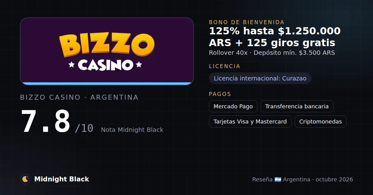 Bizzo Casino en Argentina: bono, licencia y métodos de pago (resumen Midnight Black, 15/10/2026)