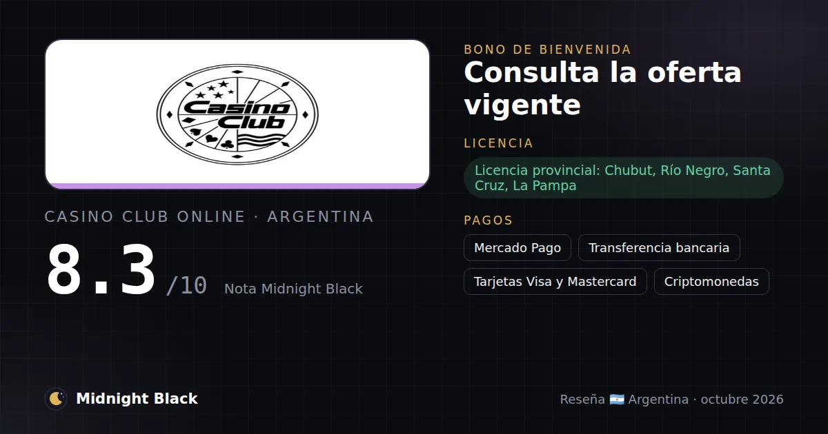 Casino Club Online en Argentina: bono, licencia y métodos de pago (resumen Midnight Black, 15/10/2026)