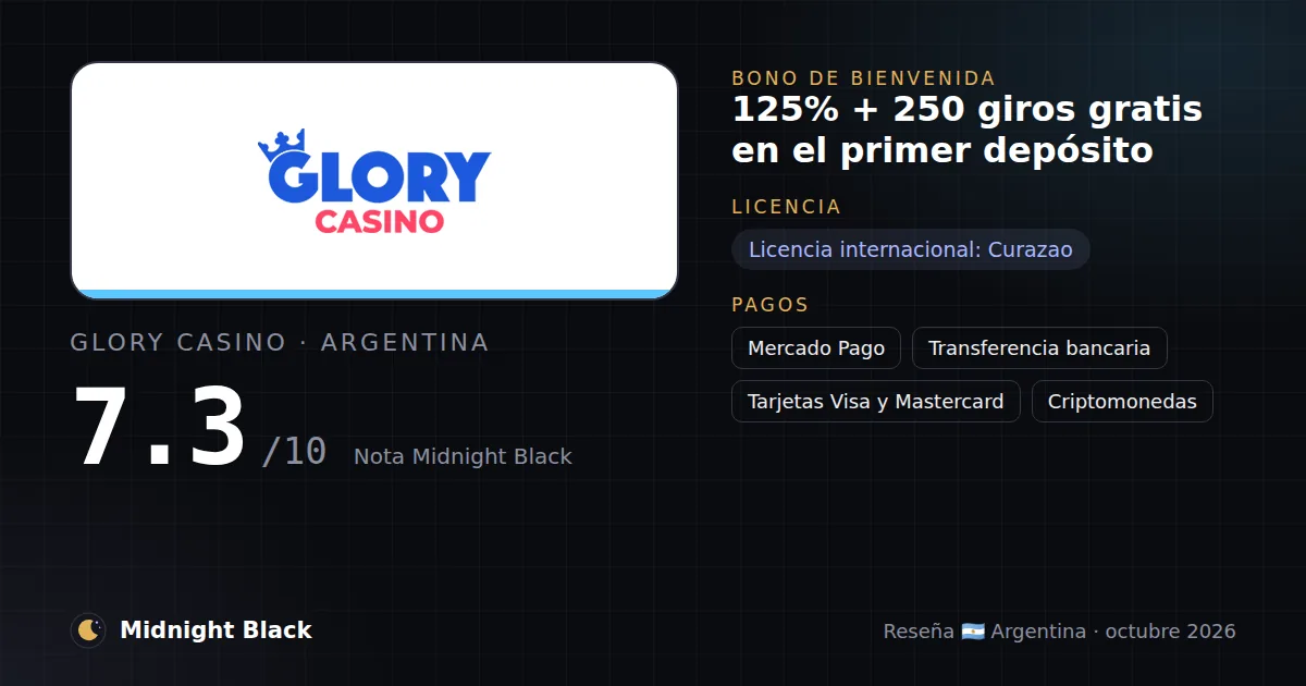 Glory Casino en Argentina: bono, licencia y métodos de pago (resumen Midnight Black, 21/10/2026)