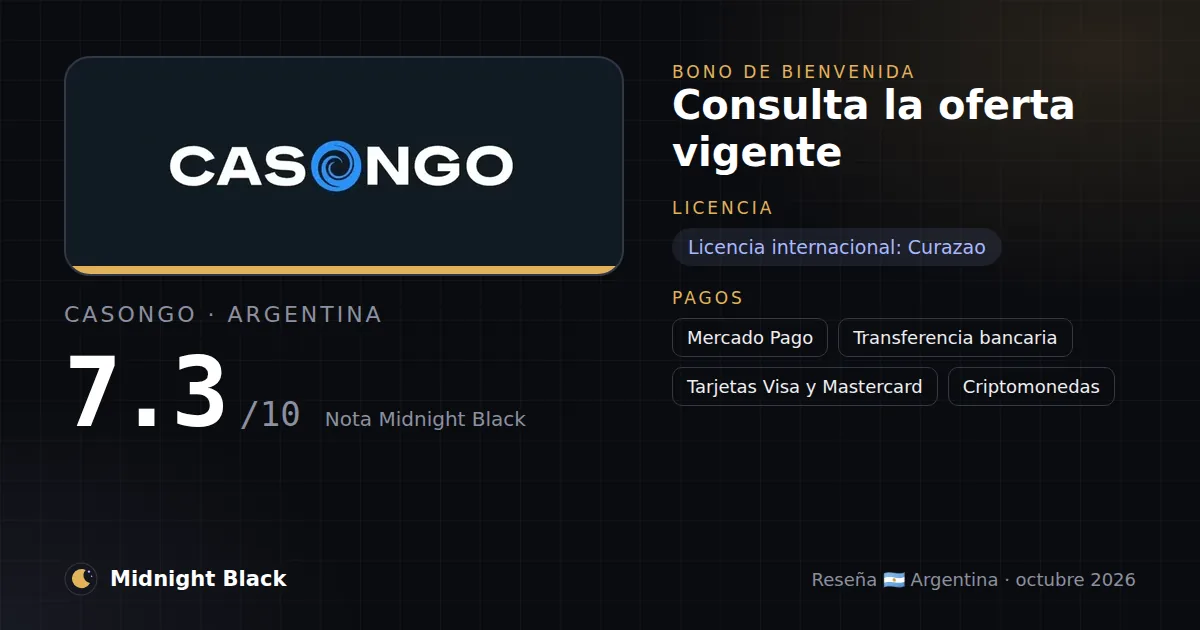 Casongo en Argentina: bono, licencia y métodos de pago (resumen Midnight Black, 15/10/2026)