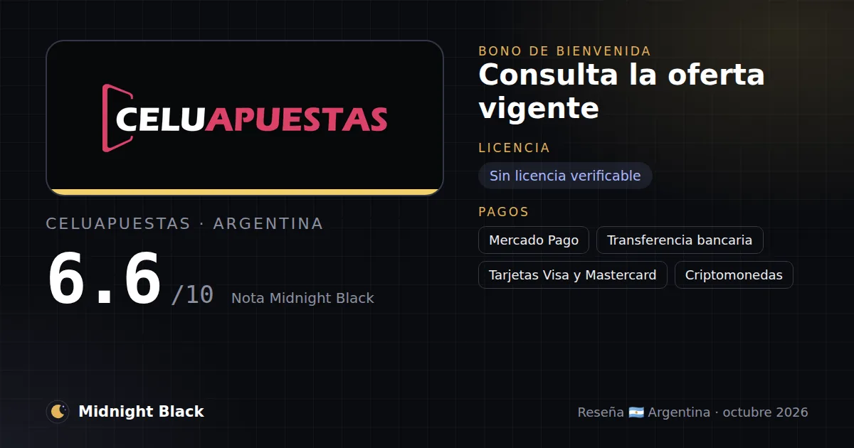 CeluApuestas en Argentina: bono, licencia y métodos de pago (resumen Midnight Black, 23/10/2026)