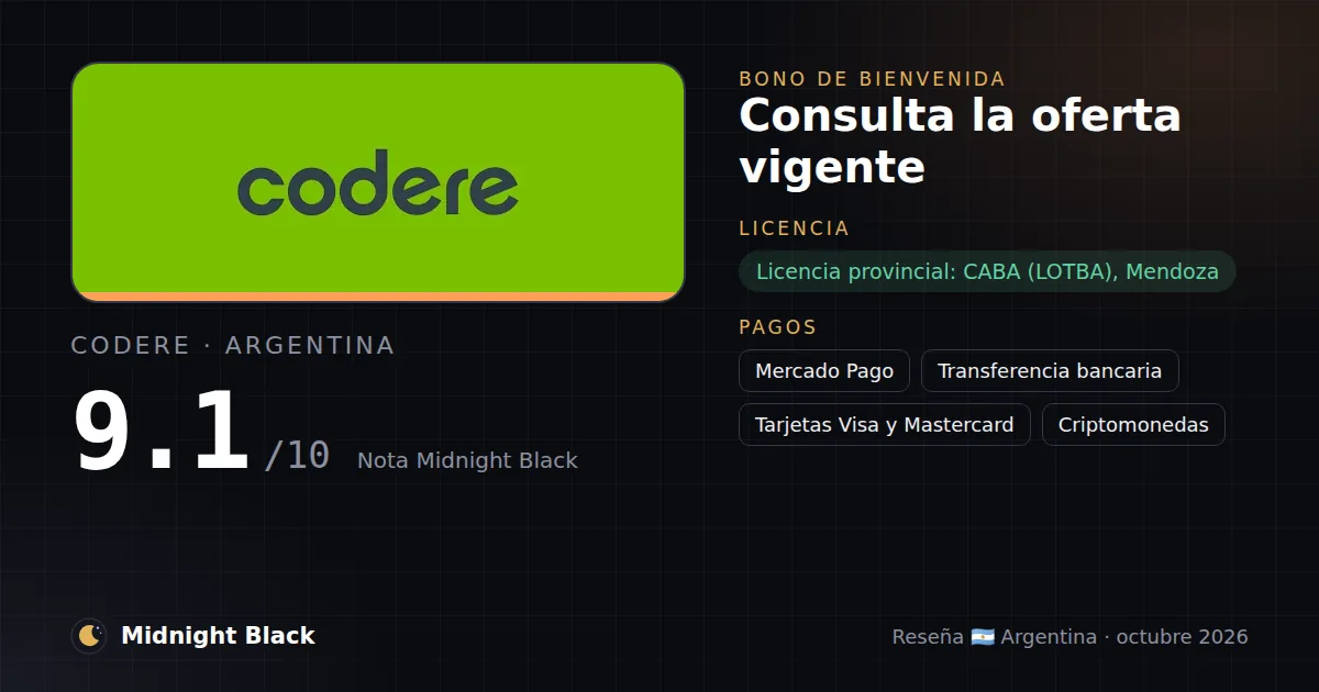 Codere en Argentina: bono, licencia y métodos de pago (resumen Midnight Black, 15/10/2026)
