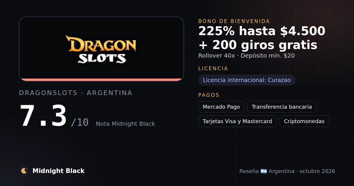 Dragonslots en Argentina: bono, licencia y métodos de pago (resumen Midnight Black, 22/10/2026)