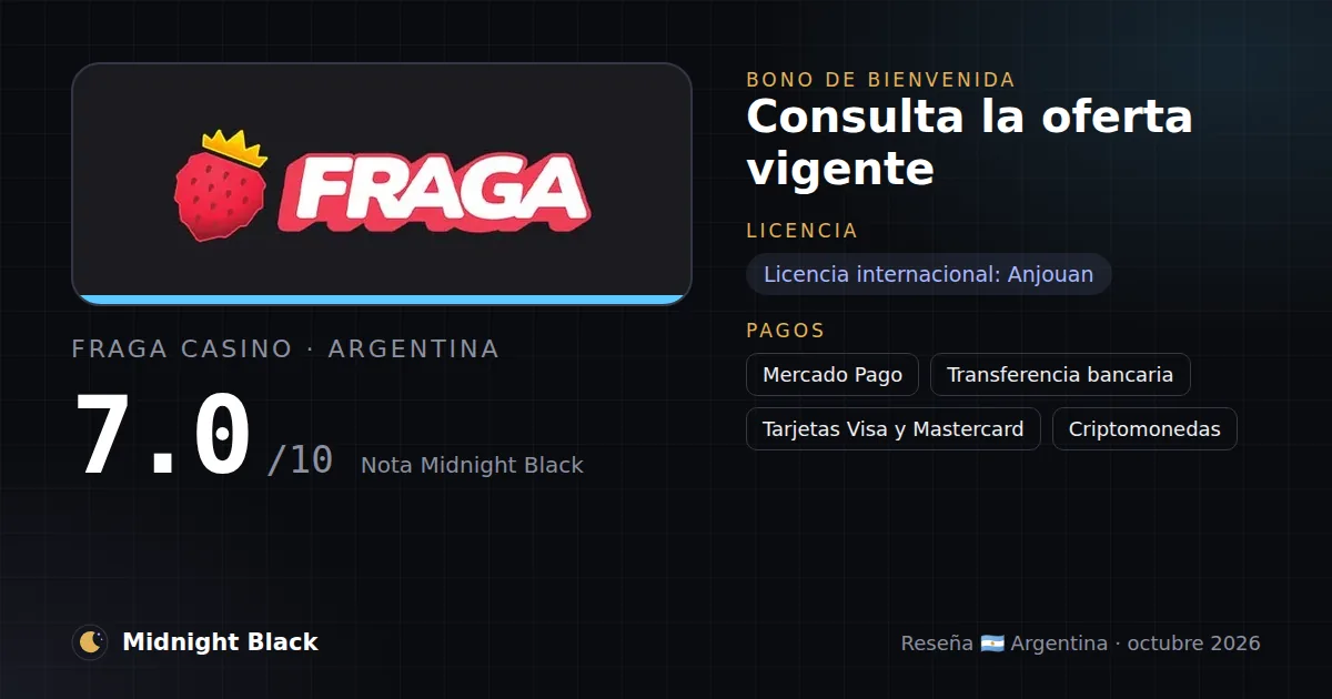 Fraga Casino en Argentina: bono, licencia y métodos de pago (resumen Midnight Black, 23/10/2026)