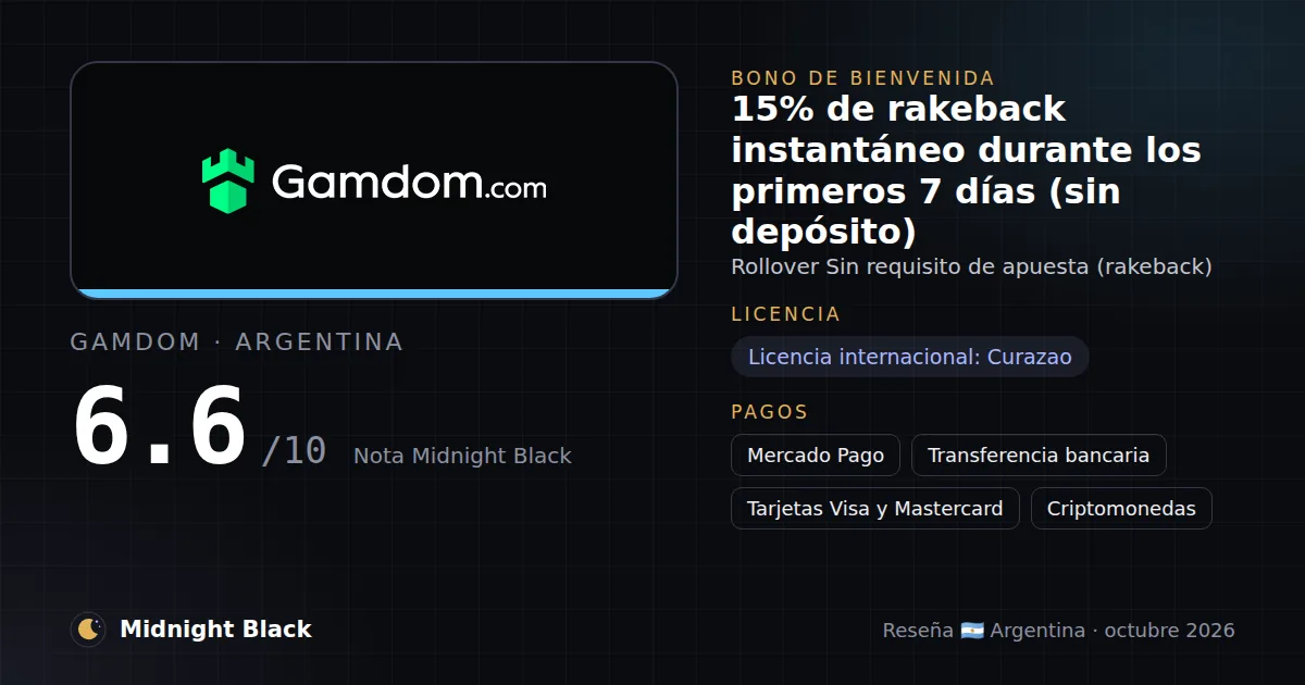 Gamdom en Argentina: bono, licencia y métodos de pago (resumen Midnight Black, 21/10/2026)