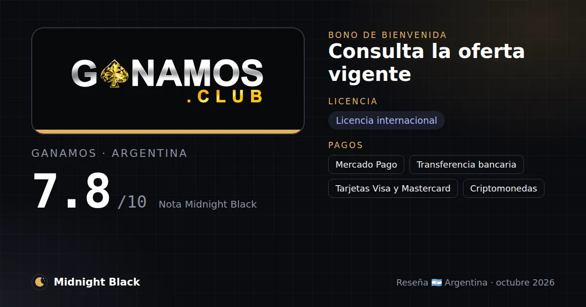 Ganamos en Argentina: bono, licencia y métodos de pago (resumen Midnight Black, 15/10/2026)