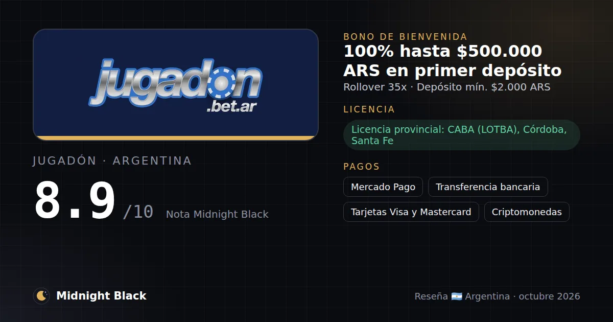 Jugadón en Argentina: bono, licencia y métodos de pago (resumen Midnight Black, 15/10/2026)