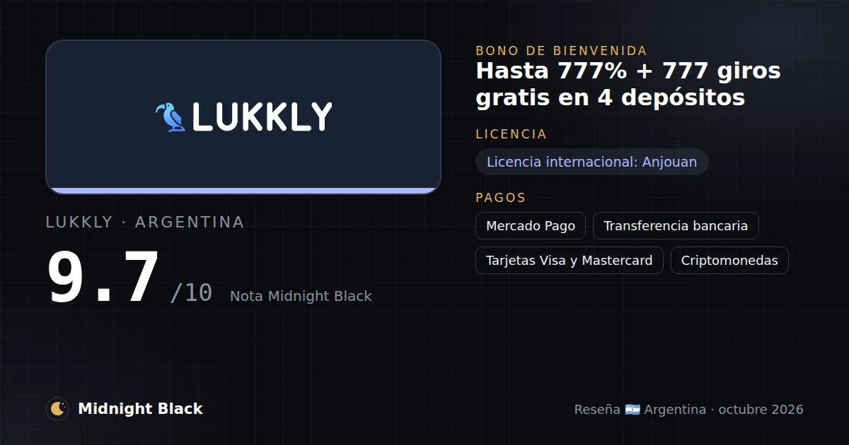 Lukkly en Argentina: bono, licencia y métodos de pago (resumen Midnight Black, 15/10/2026)