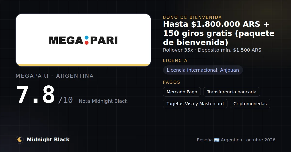 MegaPari en Argentina: bono, licencia y métodos de pago (resumen Midnight Black, 15/10/2026)