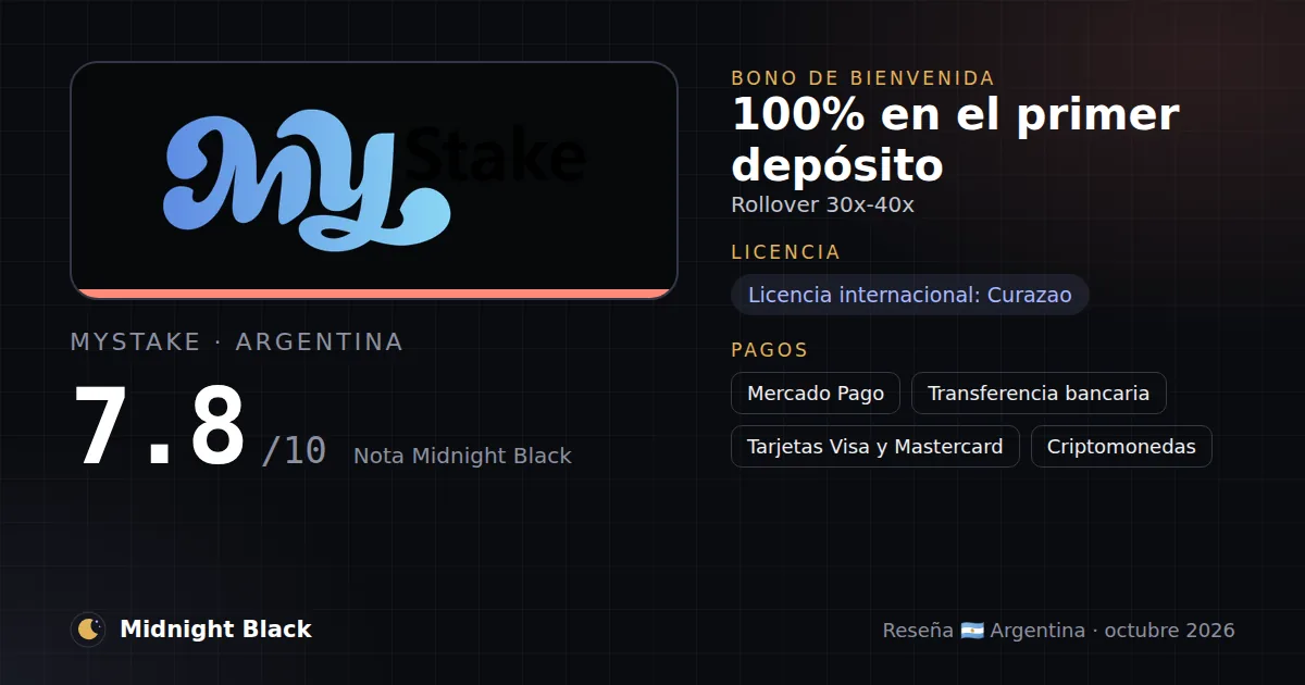 MyStake en Argentina: bono, licencia y métodos de pago (resumen Midnight Black, 15/10/2026)