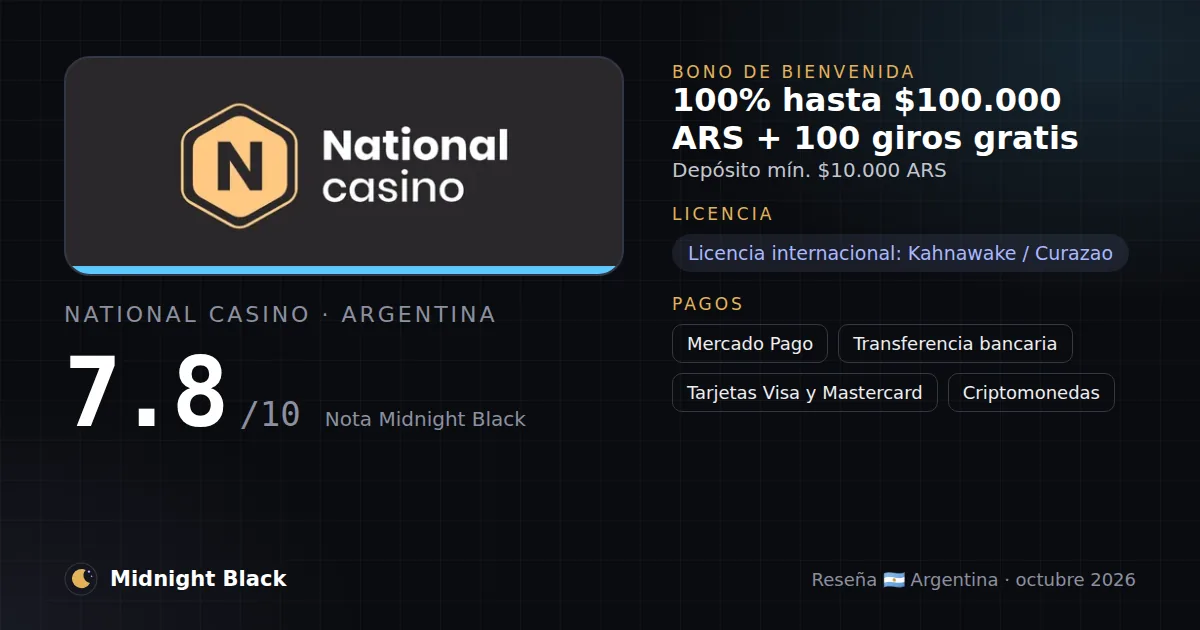 National Casino en Argentina: bono, licencia y métodos de pago (resumen Midnight Black, 15/10/2026)