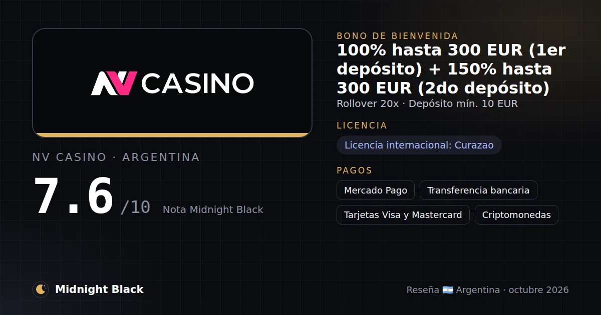 NV Casino en Argentina: bono, licencia y métodos de pago (resumen Midnight Black, 21/10/2026)