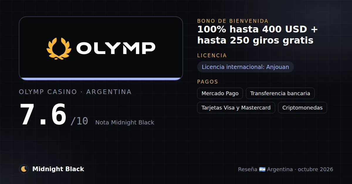 Olymp Casino en Argentina: bono, licencia y métodos de pago (resumen Midnight Black, 23/10/2026)
