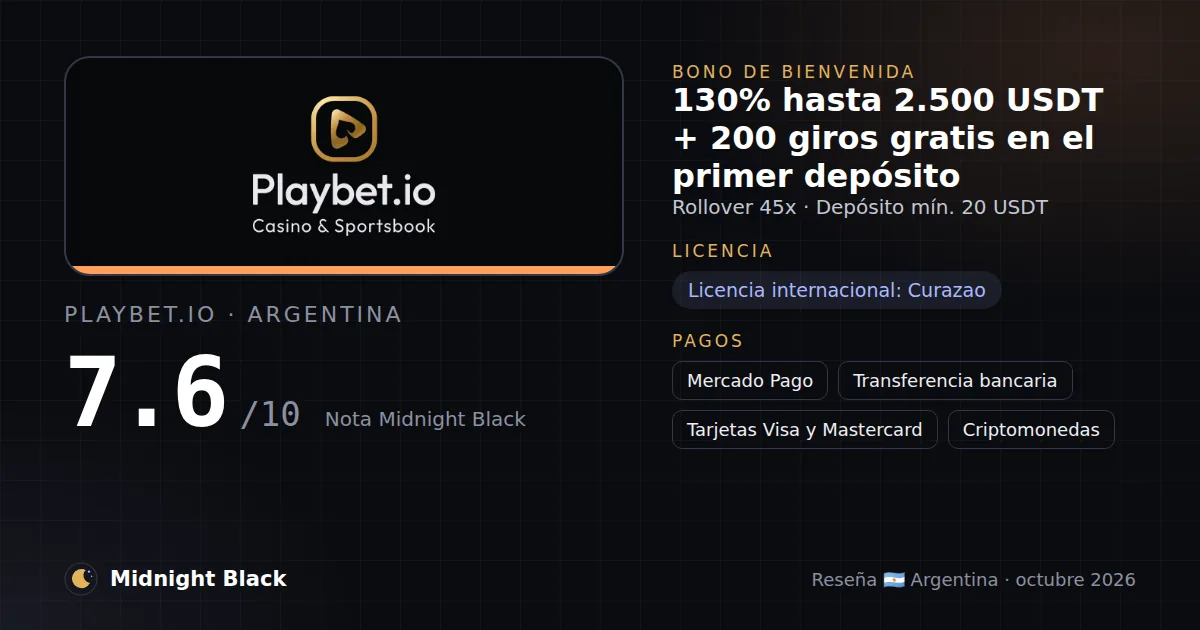 Playbet.io en Argentina: bono, licencia y métodos de pago (resumen Midnight Black, 21/10/2026)