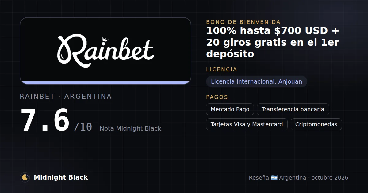 Rainbet en Argentina: bono, licencia y métodos de pago (resumen Midnight Black, 22/10/2026)