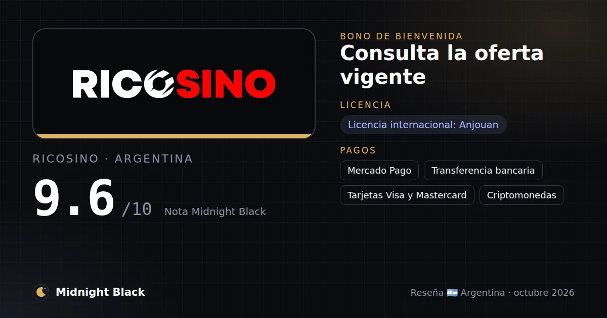 Ricosino en Argentina: bono, licencia y métodos de pago (resumen Midnight Black, 15/10/2026)