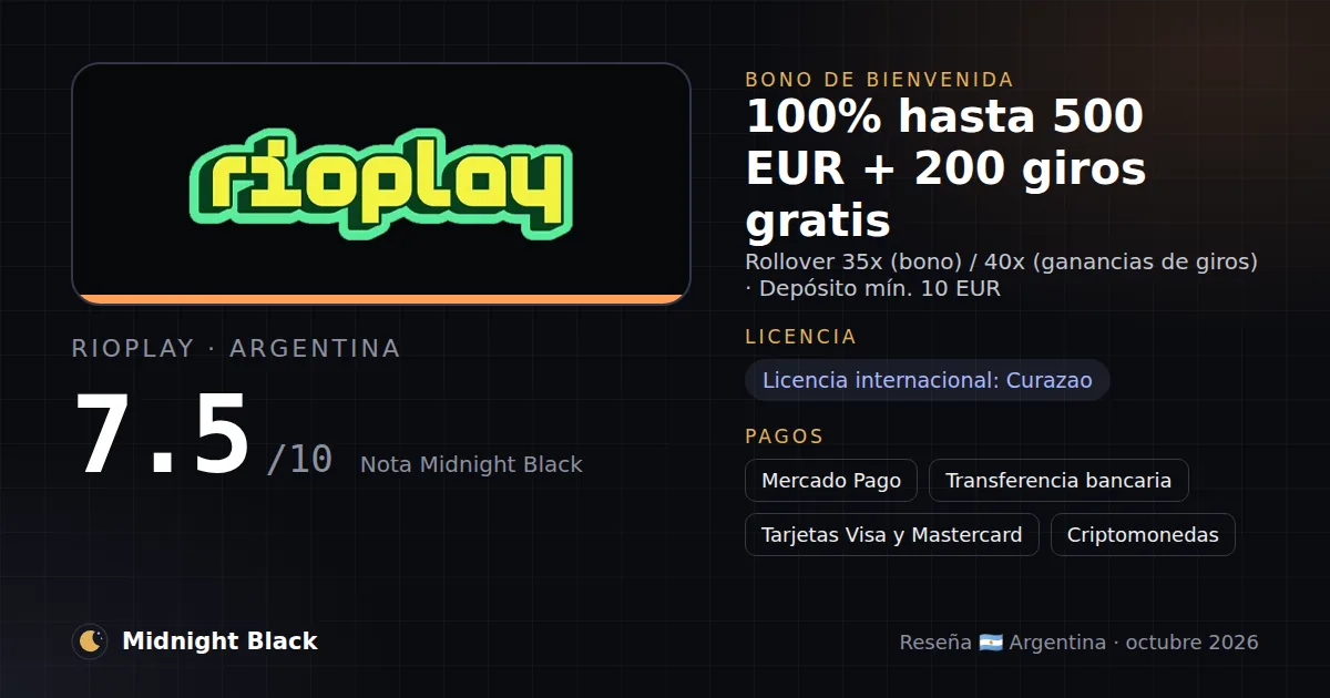 RioPlay en Argentina: bono, licencia y métodos de pago (resumen Midnight Black, 21/10/2026)