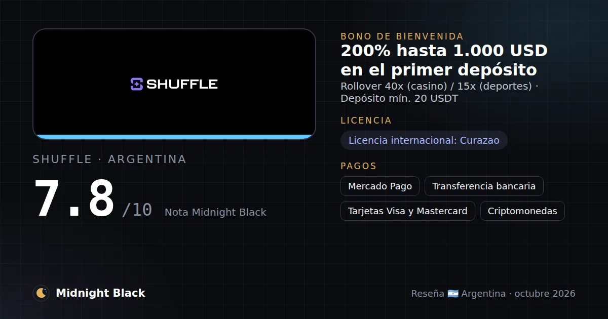 Shuffle en Argentina: bono, licencia y métodos de pago (resumen Midnight Black, 21/10/2026)