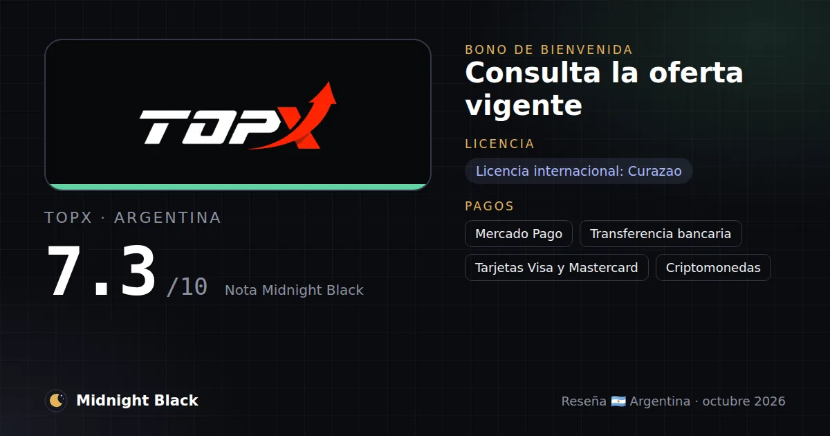 TopX en Argentina: bono, licencia y métodos de pago (resumen Midnight Black, 23/10/2026)