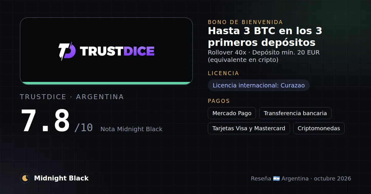 TrustDice en Argentina: bono, licencia y métodos de pago (resumen Midnight Black, 21/10/2026)