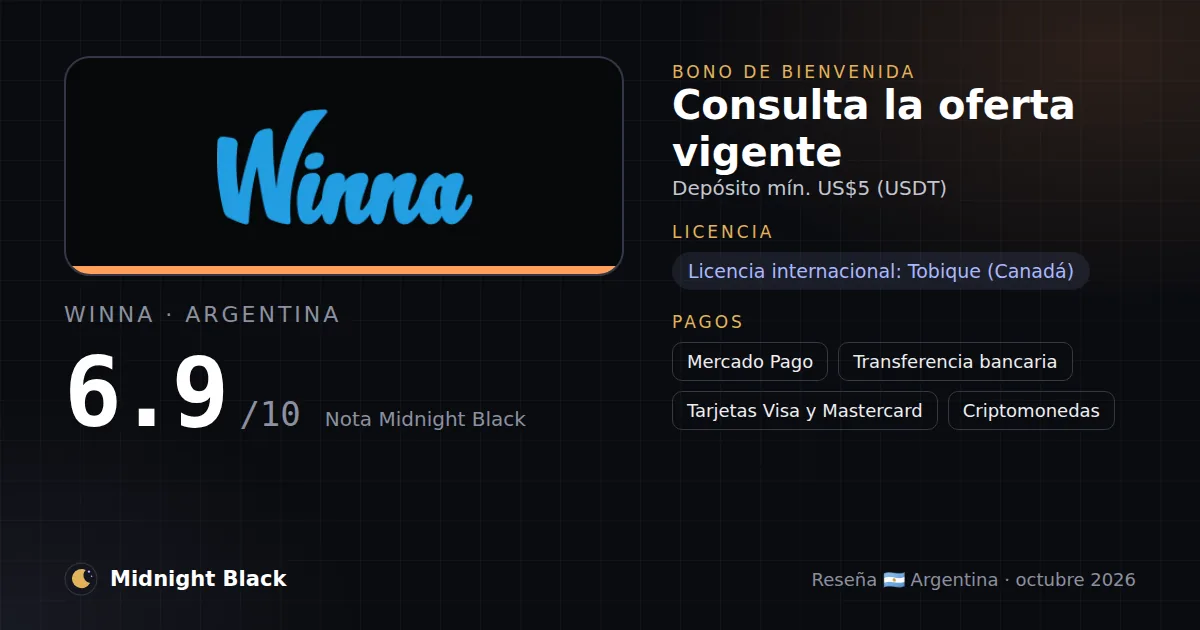 Winna en Argentina: bono, licencia y métodos de pago (resumen Midnight Black, 22/10/2026)