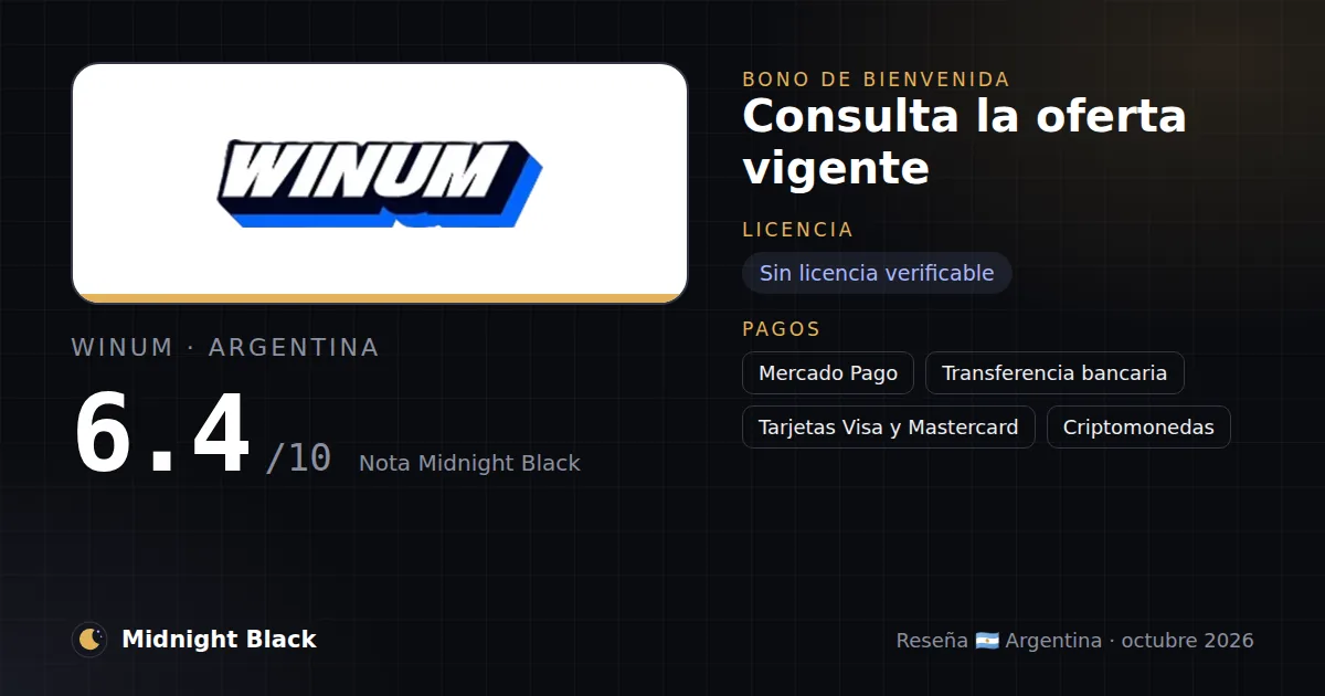 Winum en Argentina: bono, licencia y métodos de pago (resumen Midnight Black, 23/10/2026)