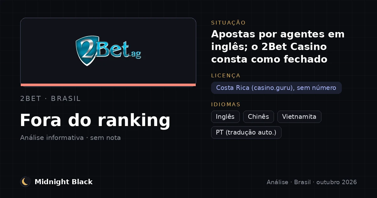 2Bet no Brasil: formato, licença e idiomas do 2bet.ag (resumo Midnight Black, outubro de 2026)