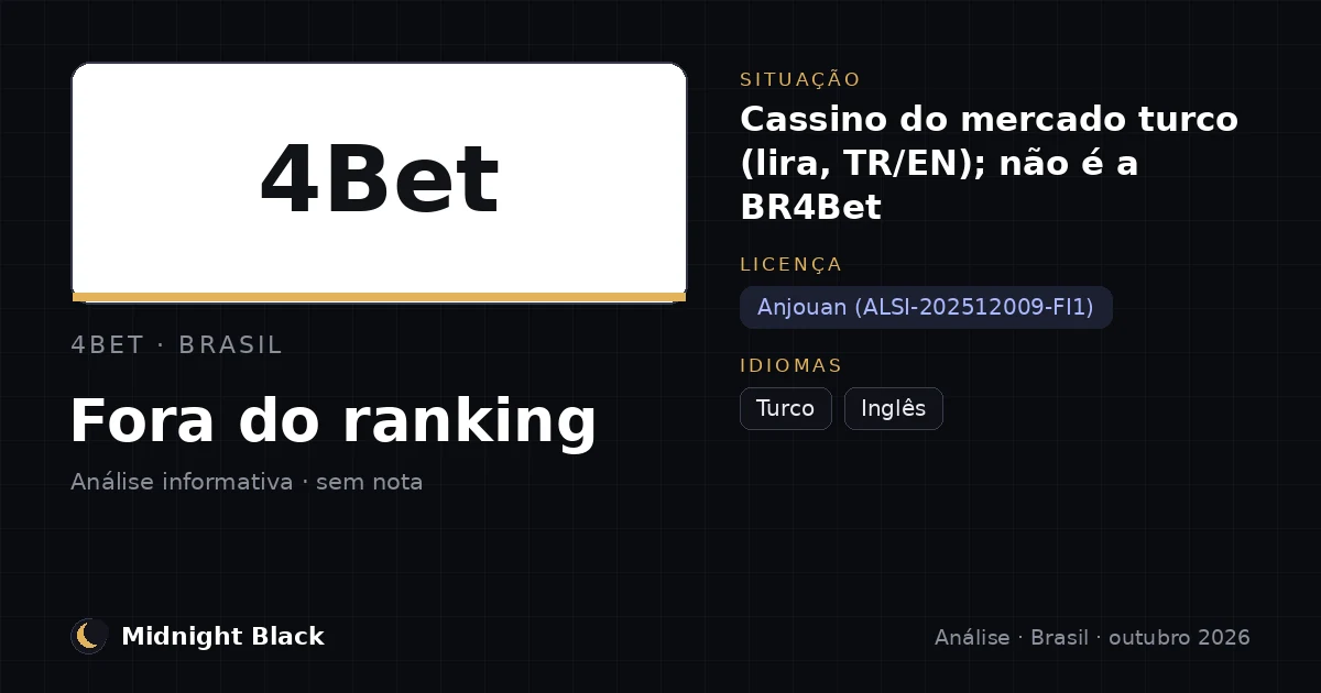 4Bet no Brasil: situação, licença e idiomas (resumo Midnight Black, outubro de 2026)