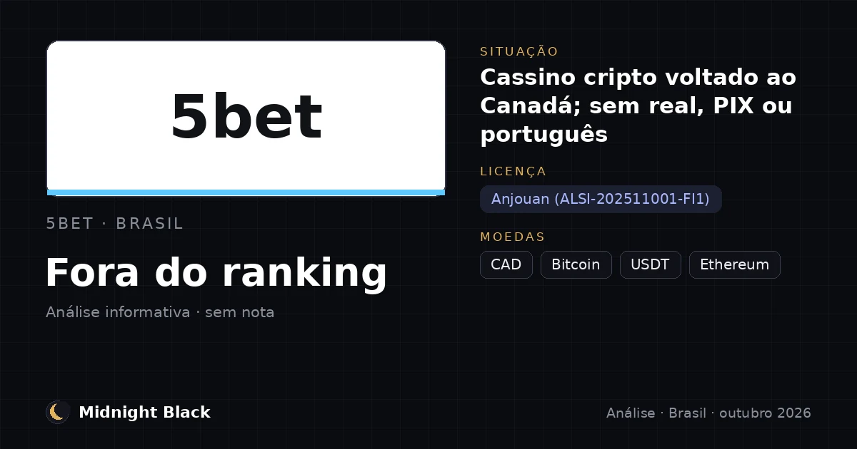 5bet no Brasil: situação, licença e moedas (resumo Midnight Black, outubro de 2026)
