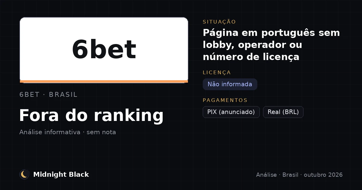 6bet no Brasil: situação, licença e pagamentos (resumo Midnight Black, outubro de 2026)