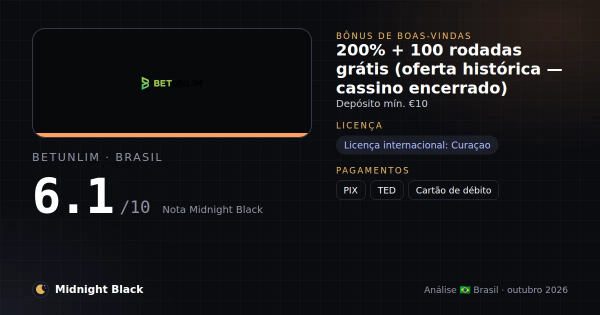 BetUnlim no Brasil: promoção, licença e pagamentos (resumo Midnight Black, 21/10/2026)