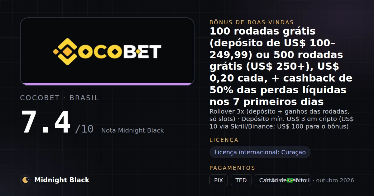 CocoBet no Brasil: promoção, licença e pagamentos (resumo Midnight Black, 21/10/2026)