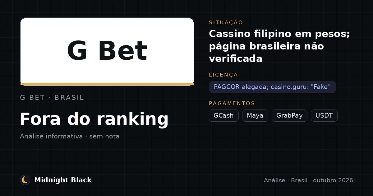 G Bet no Brasil: situação, licença alegada e pagamentos do GBET (resumo Midnight Black, outubro de 2026)