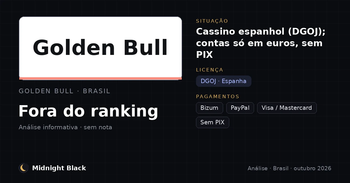 Golden Bull no Brasil: situação, licença e moedas (resumo Midnight Black, outubro de 2026)