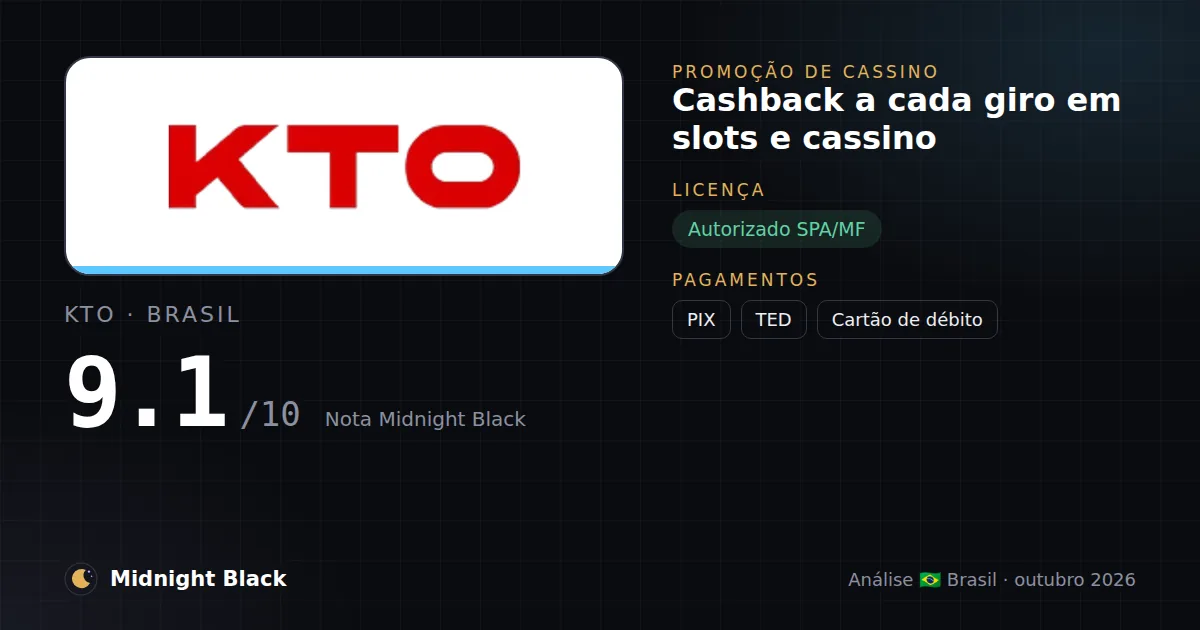 KTO no Brasil: promoção, licença e pagamentos (resumo Midnight Black, 15/10/2026)