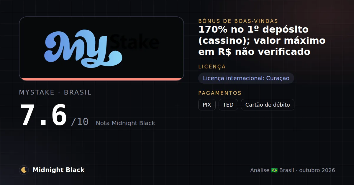 MyStake no Brasil: promoção, licença e pagamentos (resumo Midnight Black, 21/10/2026)