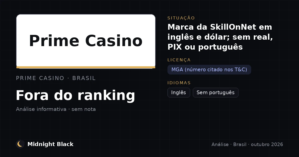 Prime Casino no Brasil: situação, licença e idiomas (resumo Midnight Black, outubro de 2026)