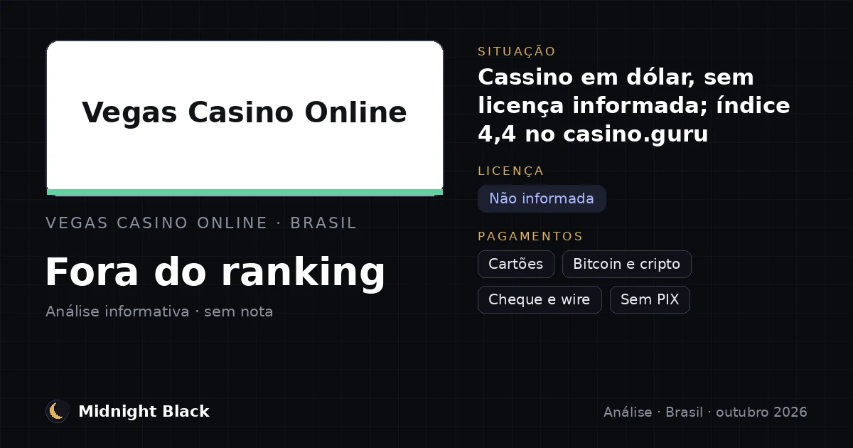 Vegas Casino Online no Brasil: situação, licença e pagamentos (resumo Midnight Black, outubro de 2026)