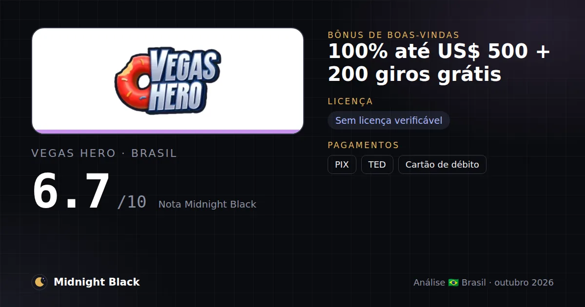 Vegas Hero no Brasil: promoção, licença e pagamentos (resumo Midnight Black, 22/10/2026)