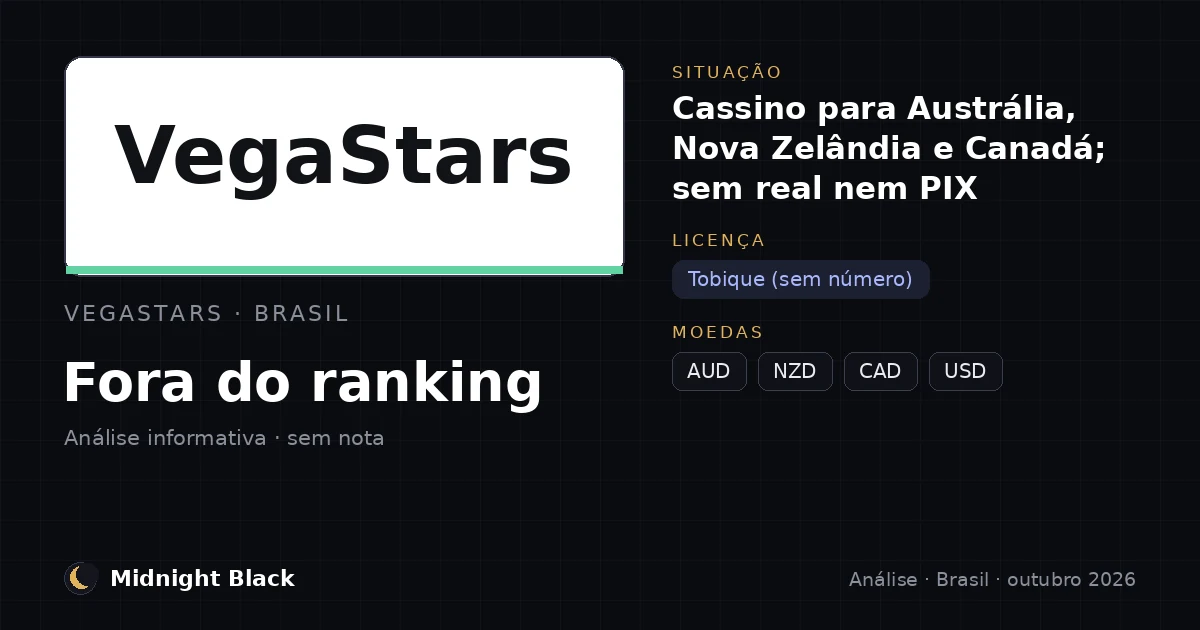 VegaStars no Brasil: situação, licença e moedas (resumo Midnight Black, outubro de 2026)