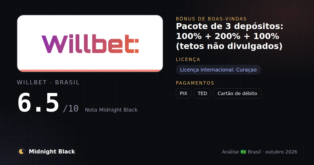 WillBet no Brasil: promoção, licença e pagamentos (resumo Midnight Black, 21/10/2026)