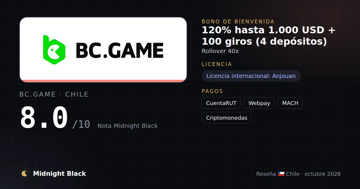 BC.Game en Chile: bono, licencia y métodos de pago (resumen Midnight Black, 15/10/2026)