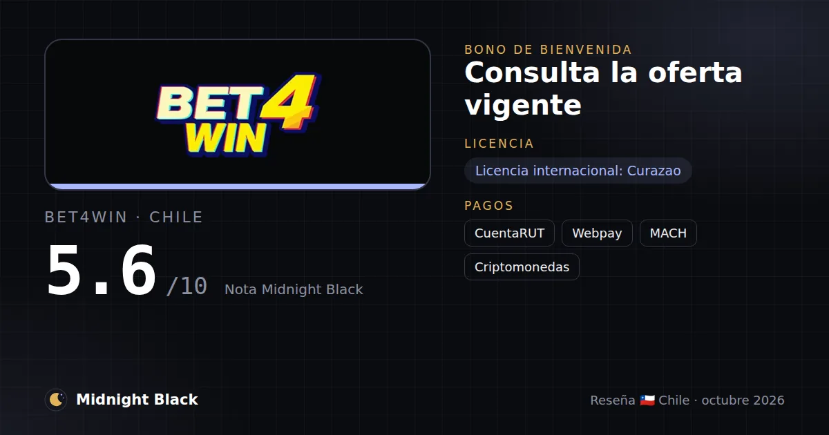 Bet4Win en Chile: bono, licencia y métodos de pago (resumen Midnight Black, 21/10/2026)