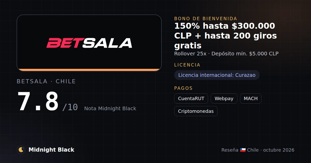 Betsala en Chile: bono, licencia y métodos de pago (resumen Midnight Black, 15/10/2026)